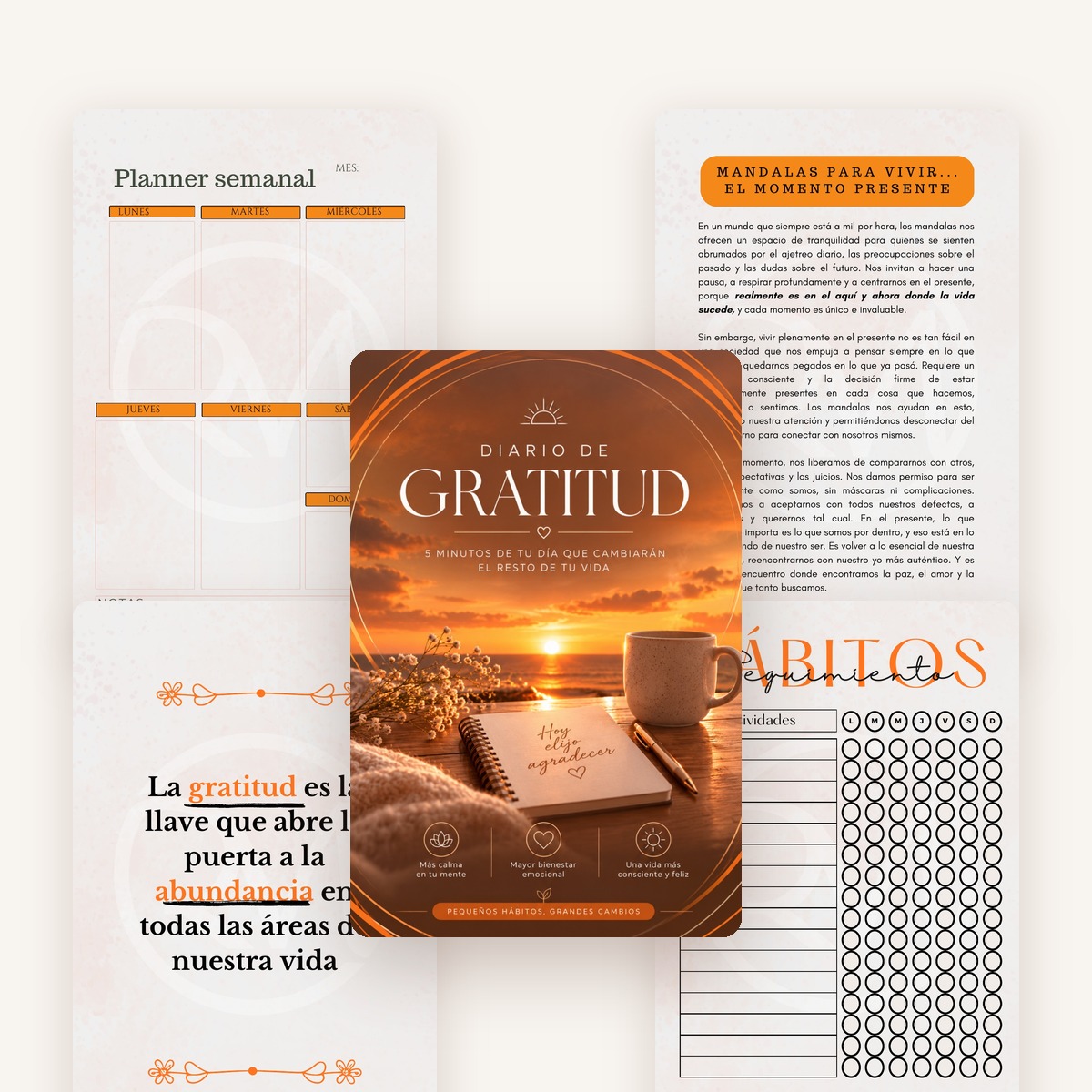 Portada y páginas interiores del Diario de Gratitud en composición