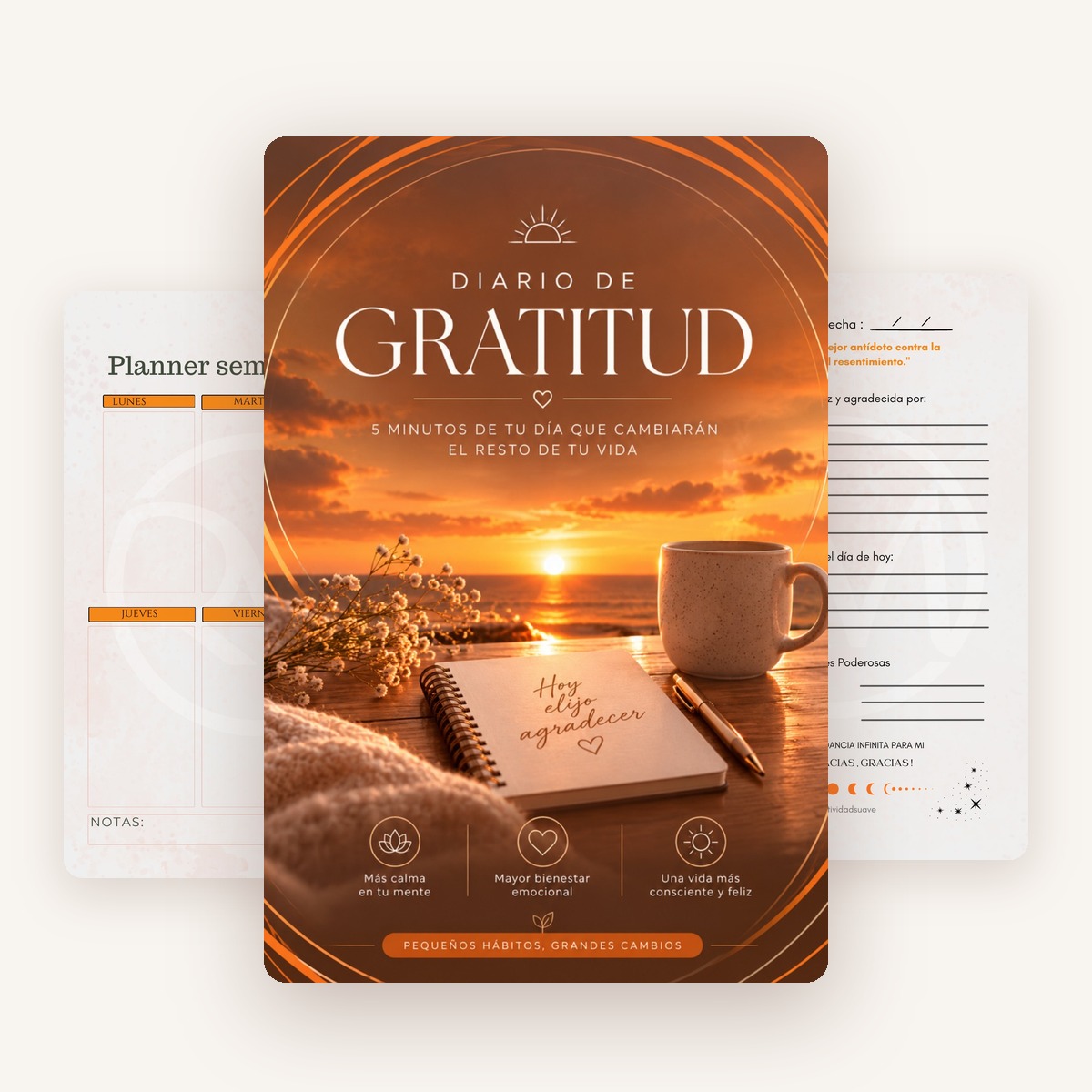 Portada del Diario de Gratitud junto a páginas interiores del ebook
